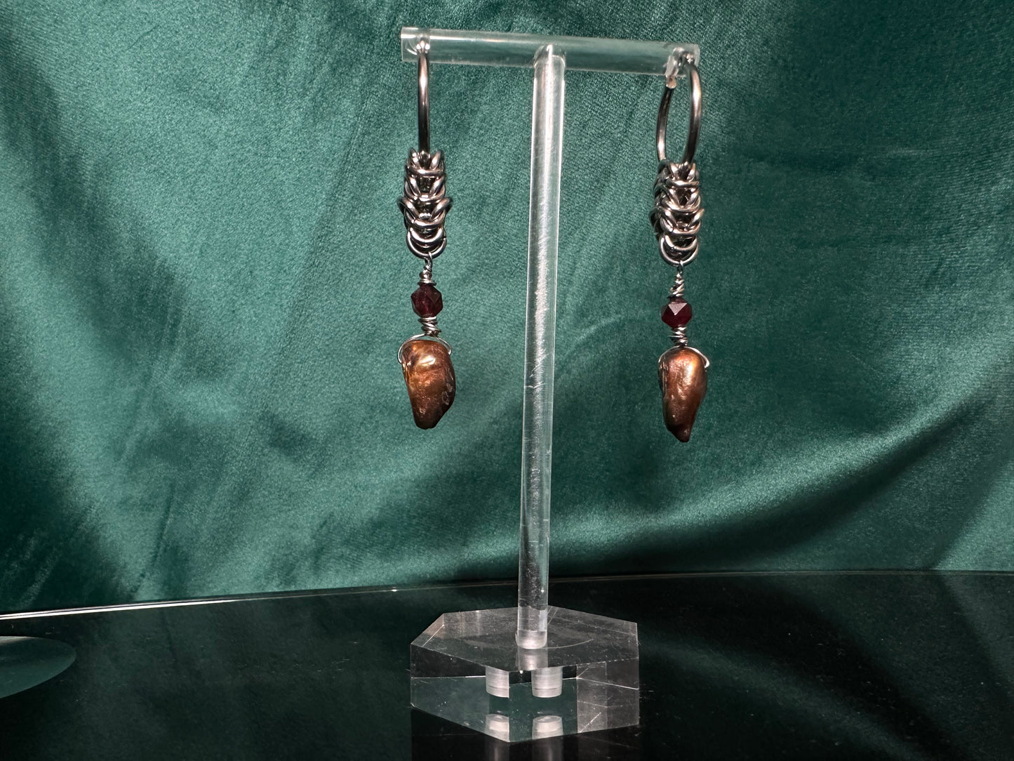 Princess Mononoke Earrings with a garnet and bronze pearls