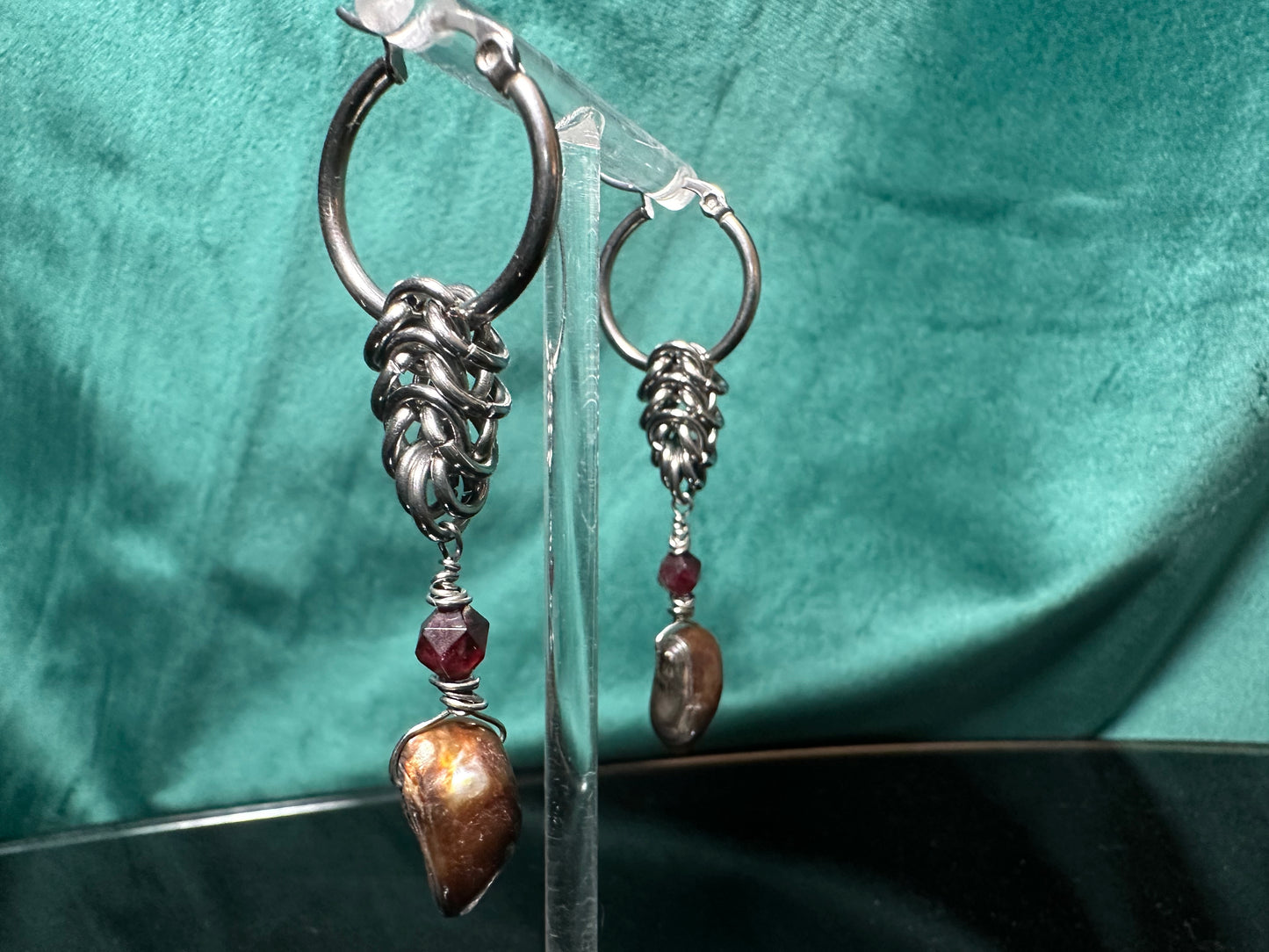 Princess Mononoke Earrings with a garnet and bronze pearls