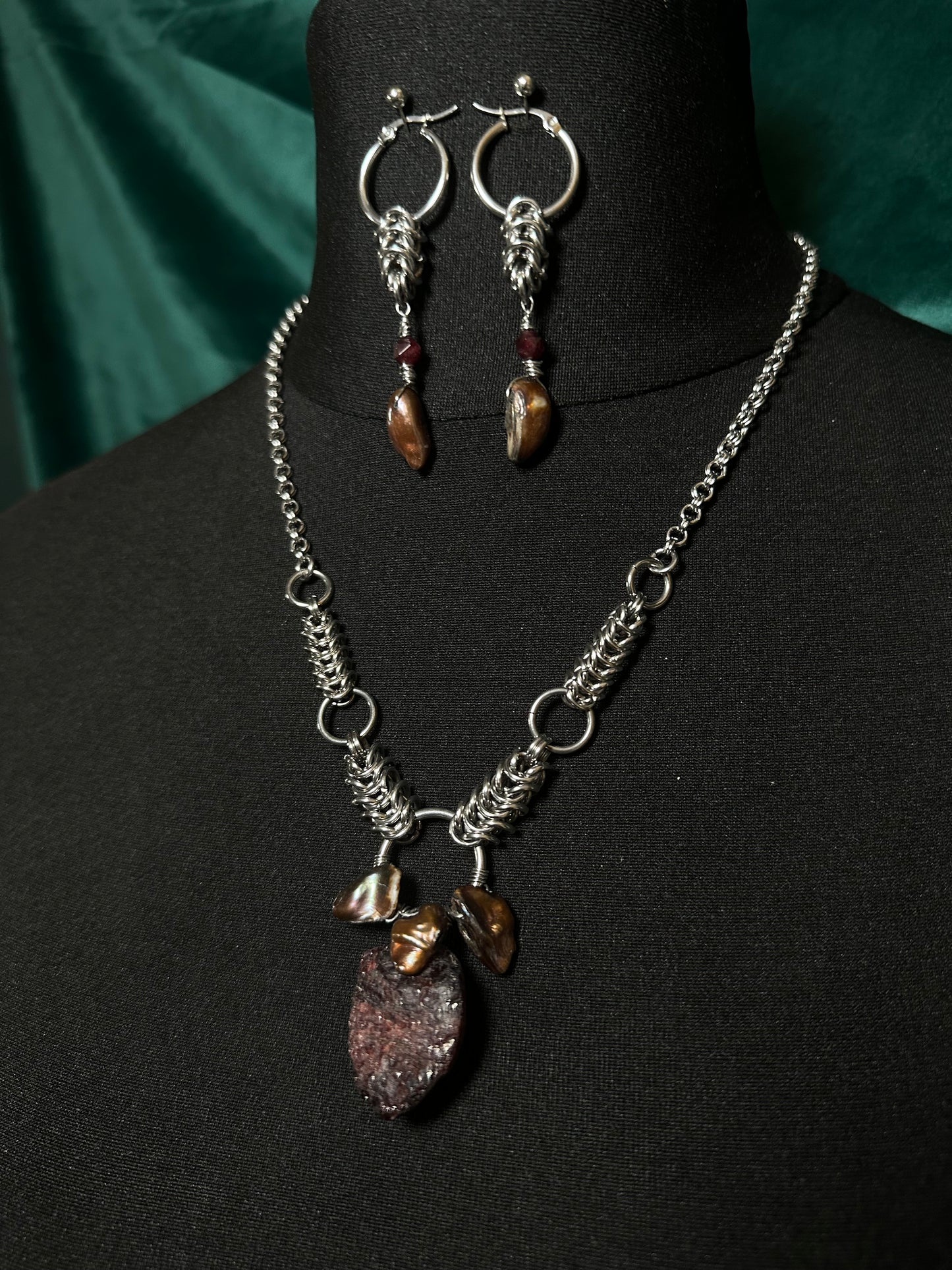 Princess Mononoke Earrings with a garnet and bronze pearls