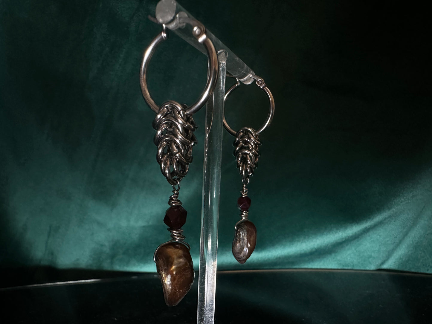 Princess Mononoke Earrings with a garnet and bronze pearls