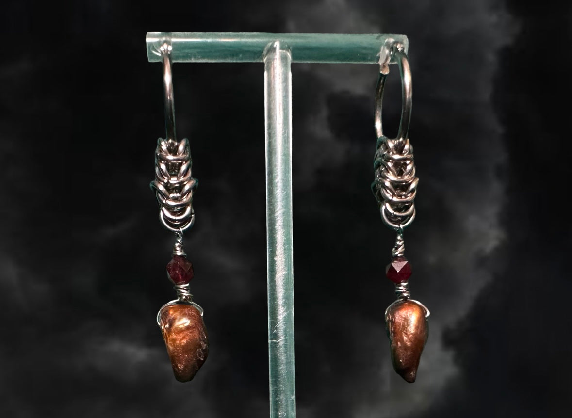 Princess Mononoke Earrings with a garnet and bronze pearls