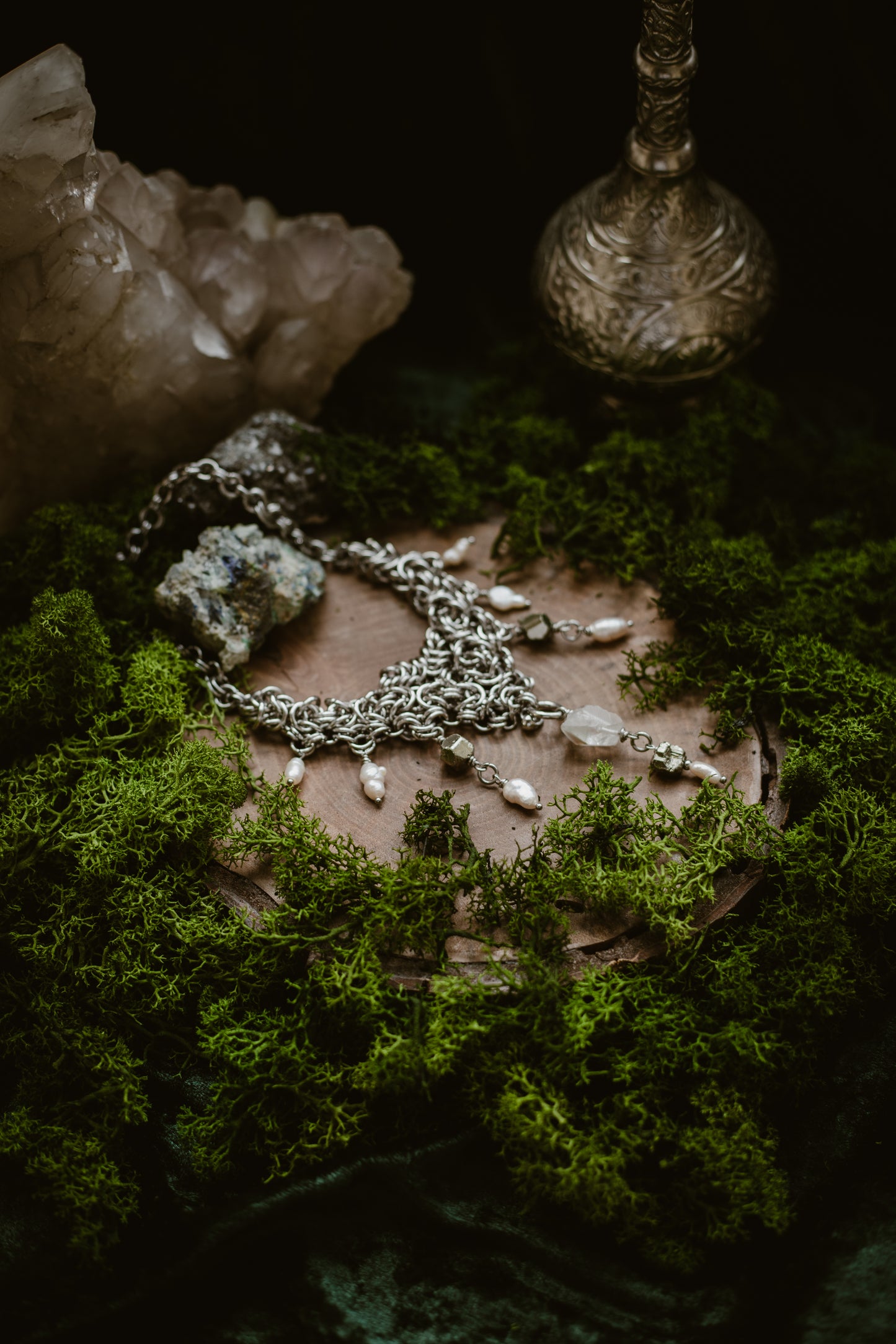 Melusa // Necklace with clear quartz, pyrite and pearls