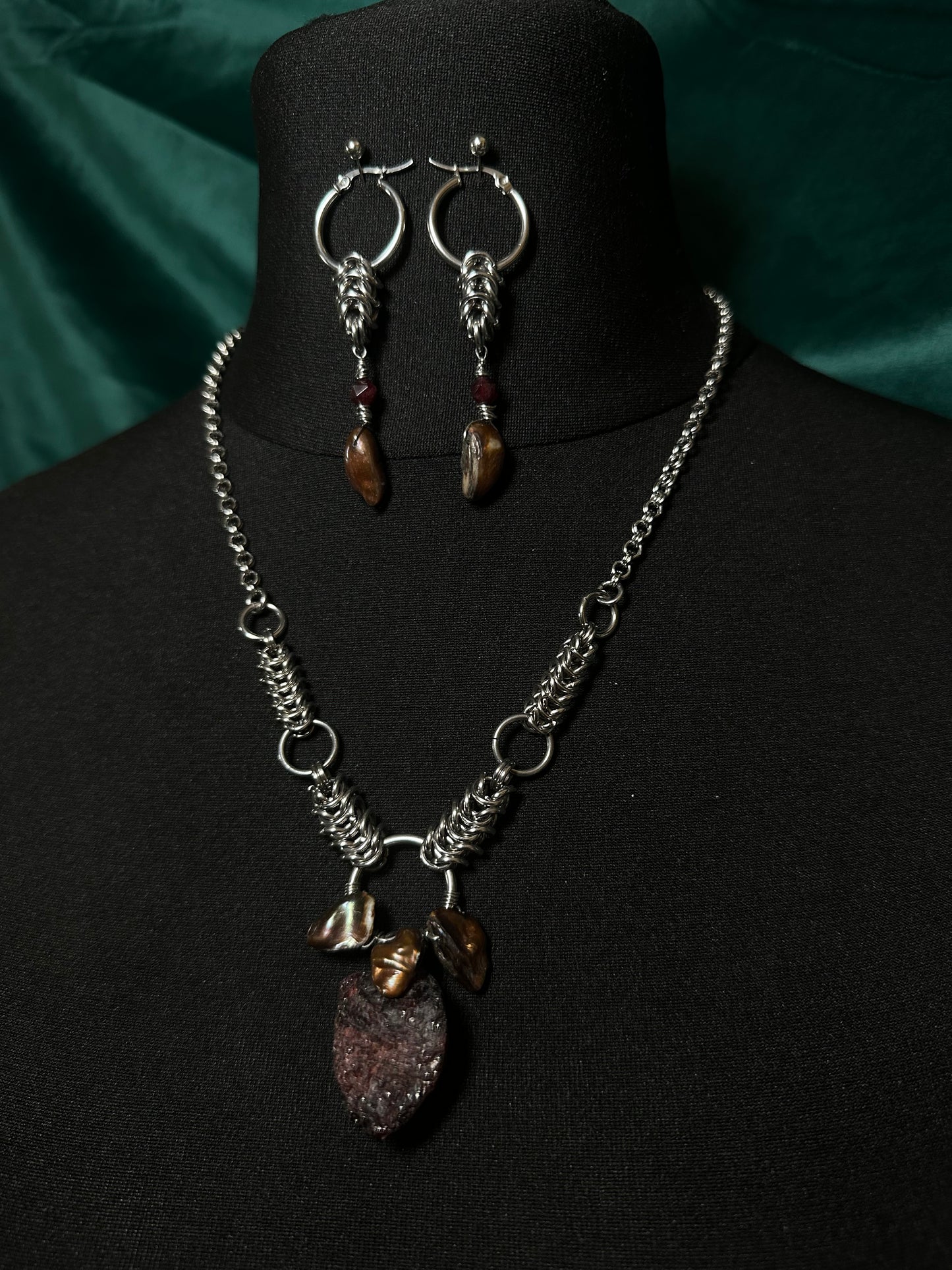 Princess Mononoke Necklace with a raw garnet and bronze pearls