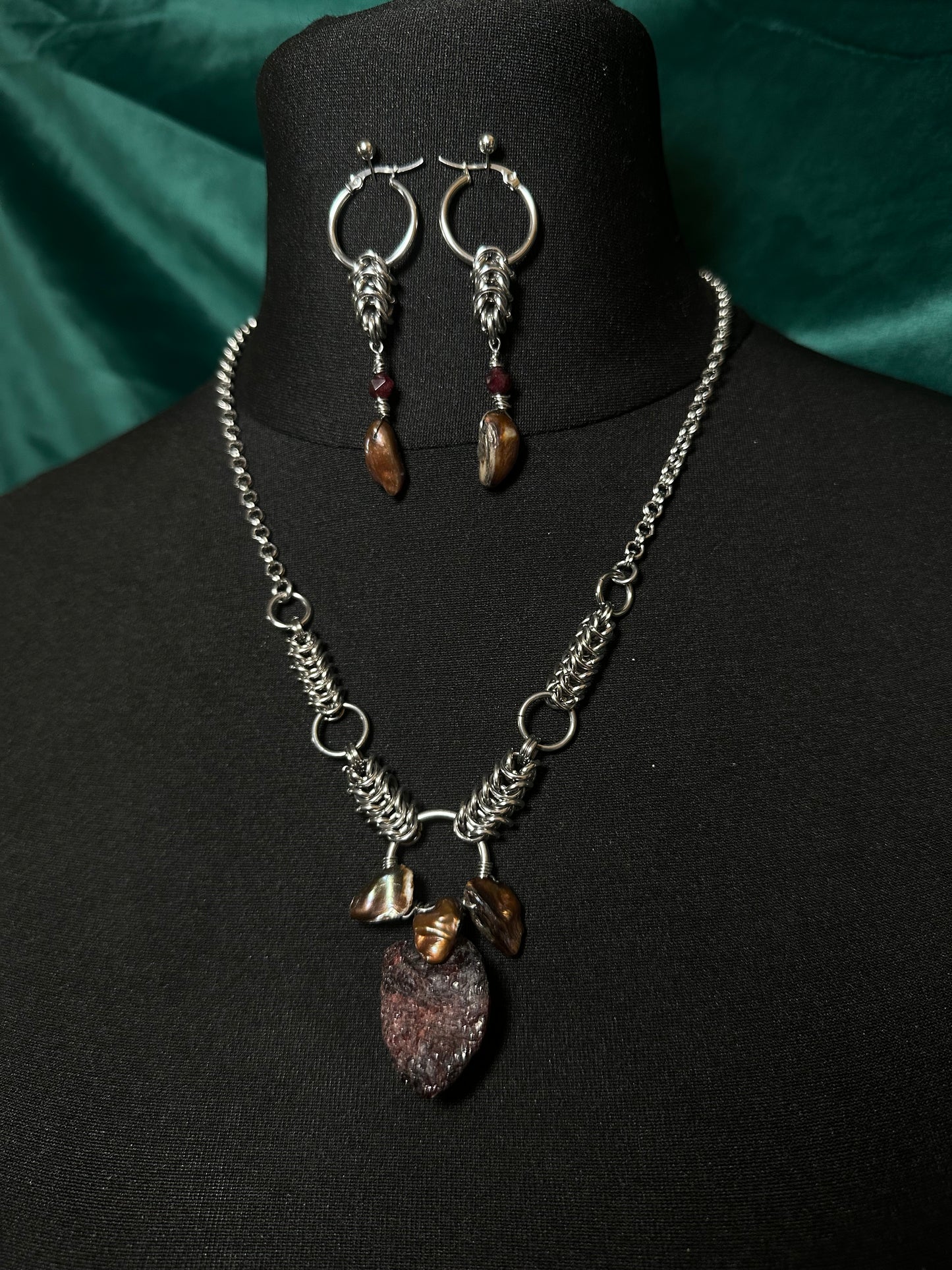 Princess Mononoke Necklace with a raw garnet and bronze pearls