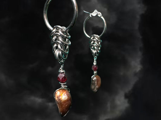 Princess Mononoke Earrings with a garnet and bronze pearls