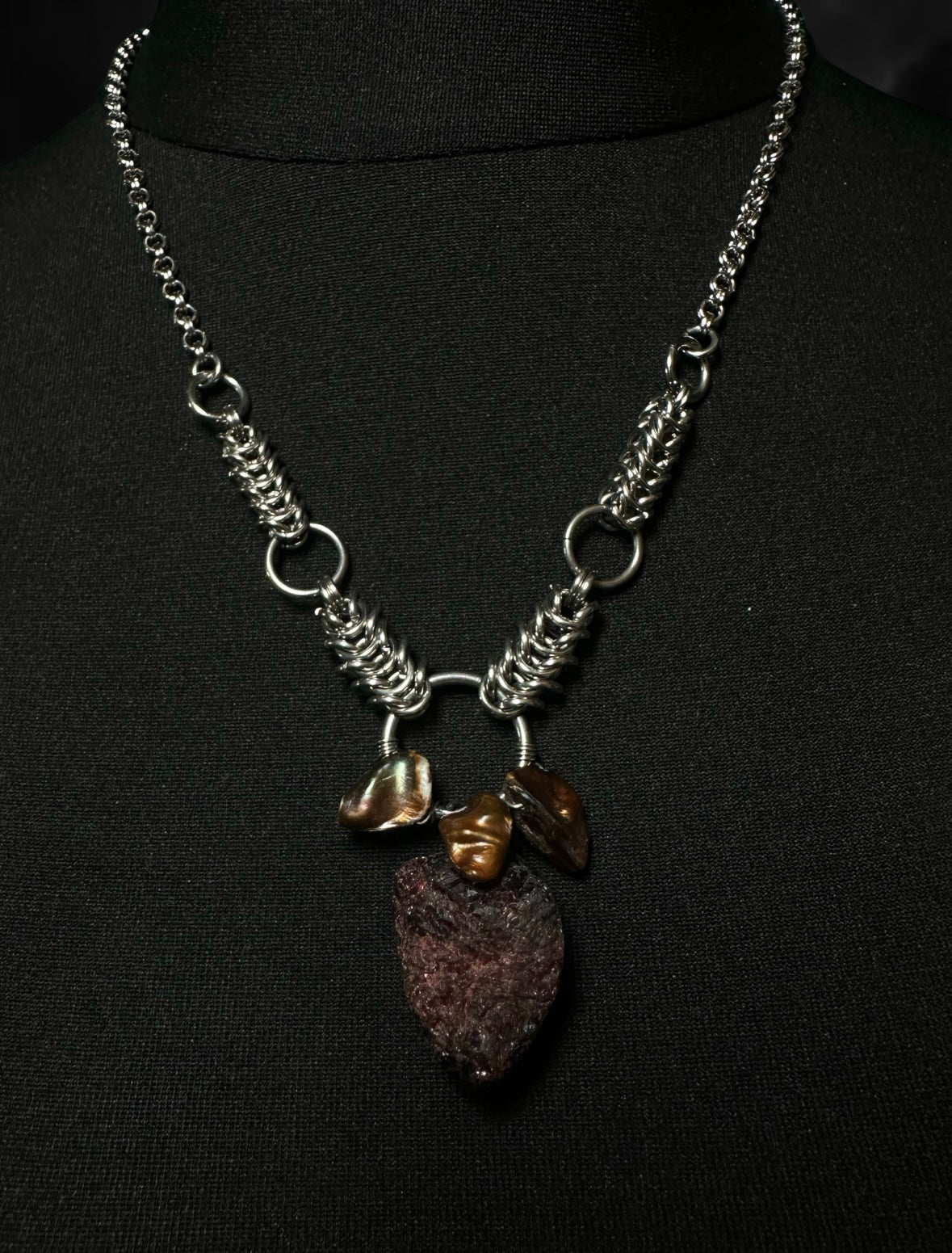 Princess Mononoke Necklace with a raw garnet and bronze pearls