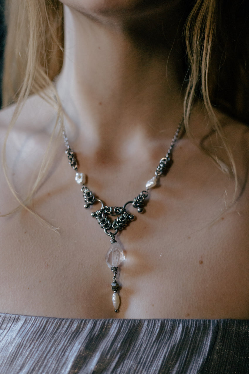 Physadeia // Necklace with clear quartz, pyrite and pearls